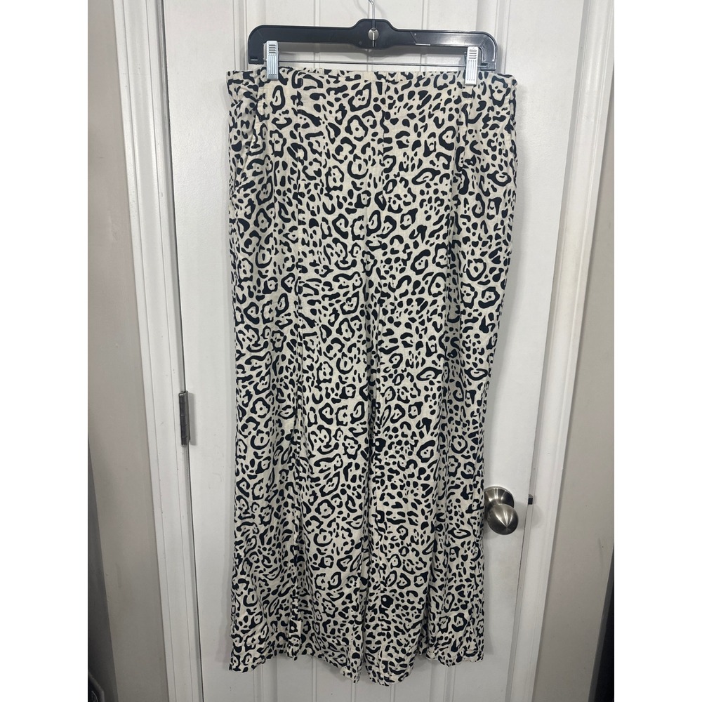 Women Leopard Print Wide Leg Linen Blend Pants High Waist Animal Print Cream